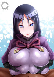 Rule 34 | 1girl, black hair, blue eyes, blush, bodysuit, breasts, breasts squeezed together, cilica, closed mouth, deep skin, fate/grand order, fate (series), hair between eyes, highres, huge breasts, long hair, looking at viewer, minamoto no raikou (fate), paizuri, paizuri over clothes, paizuri under clothes, pov, pov crotch, purple bodysuit, smile, tsurime, upper body