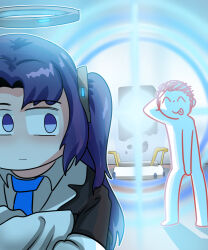 Rule 34 | 1boy, 1girl, :p, doodle sensei (blue archive), blazer, blue archive, blurry, c/h, coat, collared shirt, commentary, crafting chamber (blue archive), depth of field, english commentary, floating, floating object, gameplay mechanics, glowing, hair ornament, halo, highres, jacket, korean commentary, long hair, long sleeves, looking at another, mixed-language commentary, necktie, open clothes, open coat, parted bangs, purple eyes, purple hair, school uniform, sensei (blue archive), shirt, sidelocks, stone tablet, surprised, tongue, tongue out, two side up, yuuka (blue archive)