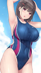 Rule 34 | 1girl, armpits, arms up, bare arms, bare legs, bird, black hair, blue one-piece swimsuit, blue sky, blush, bob cut, breasts, cloud, collarbone, commentary request, competition swimsuit, covered navel, day, ear piercing, hair ornament, hairclip, heart, heart-shaped pupils, highres, large breasts, mizunashi kenichi, navel, one-piece swimsuit, open mouth, original, outdoors, piercing, presenting armpit, red eyes, short hair, sky, solo, standing, swimsuit, symbol-shaped pupils, wet, white bird