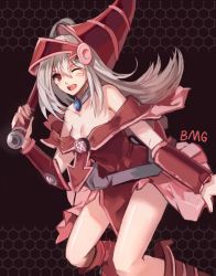 Rule 34 | 1girl, bad id, bad pixiv id, bare legs, blonde hair, boots, breasts, brown background, cleavage, dark magician girl, female focus, hat, highres, jewelry, lanlanlu (809930257), long hair, looking at viewer, necklace, one eye closed, red eyes, simple background, solo, staff, very long hair, wink, wizard hat, yu-gi-oh!