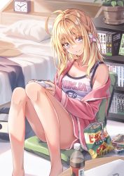 Rule 34 | 1girl, ahoge, alarm clock, armpit crease, bag of chips, bare legs, bed, blonde hair, blue eyes, blush, bookshelf, bottle, braid, breasts, cleavage, clock, closed mouth, collarbone, controller, dolphin shorts, drawstring, feet out of frame, game controller, hair between eyes, hair ornament, head tilt, highres, holding, holding controller, holding game controller, indoors, jacket, knees up, long hair, morigami (morigami no yashiro), off shoulder, open clothes, open jacket, original, pillow, pink jacket, pink shorts, plant, potted plant, shorts, sidelocks, sitting, sleeves past wrists, small breasts, smile, soda, solo, tank top, text print