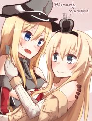 Rule 34 | 10s, 2girls, :d, armor, bad id, bad pixiv id, bismarck (kancolle), blonde hair, blue eyes, blush, braid, breastplate, character name, crown, detached sleeves, dress, french braid, hat, highres, kantai collection, kapatarou, long hair, looking at viewer, military hat, mini crown, multiple girls, off-shoulder dress, off shoulder, open mouth, peaked cap, revision, smile, upper body, warspite (kancolle), white dress, yuri