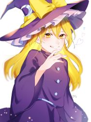 Rule 34 | 1girl, artist name, blonde hair, bow, buttons, crescent, crescent hat ornament, dress, frills, hair between eyes, hand up, hat, hat bow, hat ornament, heart, highres, jill 07km, kirisame marisa, kirisame marisa (pc-98), long hair, long sleeves, looking at viewer, purple dress, purple hat, purple sleeves, simple background, smile, solo, standing, teeth, touhou, touhou (pc-98), white background, witch hat, yellow bow, yellow eyes