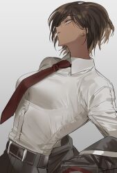Rule 34 | 1girl, bad id, bad twitter id, belt, black jacket, black pants, breasts, brown hair, collared shirt, dark-skinned female, dark skin, dutch angle, earrings, formal, grey background, gyo12121, highres, jacket, jewelry, large breasts, limbus company, long sleeves, multiple earrings, necktie, open mouth, outis (project moon), pants, project moon, red necktie, shirt, short hair, simple background, solo, white shirt, yellow eyes