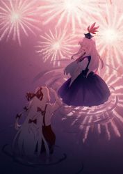 Rule 34 | 2girls, :d, absurdres, aerial fireworks, as-zero, blouse, blue dress, blue headwear, blush, bow, closed eyes, commentary, dress, fireworks, fujiwara no mokou, hair bow, hand up, hat, highres, kamishirasawa keine, long hair, looking at viewer, multiple girls, neckerchief, ofuda, ofuda on clothes, open mouth, own hands together, pants, puffy short sleeves, puffy sleeves, red bow, red neckerchief, red pants, reflection, ripples, shirt, short sleeves, smile, suspenders, tokin hat, touhou, v arms, very long hair, wading, water, white hair, white shirt