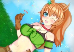 Rule 34 | 1girl, ;d, armband, bandeau, bare shoulders, blue eyes, blue sky, brown gloves, brown hair, camisole, choker, cloud, confetti, day, detached sleeves, dutch angle, gloves, grass, green armband, highres, kokuriyu, long hair, looking at viewer, midriff, navel, one eye closed, open mouth, ponytail, red choker, short sleeves, sky, smile, solo, spaghetti strap, stomach, taiki shuttle (umamusume), thumbs up, umamusume, upper body