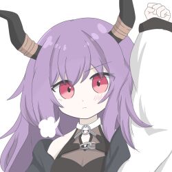 Rule 34 | 1girl, :&lt;, arknights, arm up, black hairband, black horns, black shirt, blush, cleavage cutout, closed mouth, clothing cutout, fake horns, fist pump, hairband, highres, horns, jacket, long hair, looking at viewer, mizutsune suki, off shoulder, open clothes, open jacket, pink eyes, purple hair, shirt, sidelocks, simple background, sleeveless, sleeveless shirt, solo, straight hair, typhon (arknights), white background, white jacket