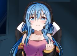 Rule 34 | 1girl, absurdres, blue eyes, blue hair, breasts, camisole, chair, cleavage, collarbone, elie wayne, expressionless, gaming chair, headset, highres, jacket, jan azure, large breasts, middle finger, off shoulder, original, pink shirt, shirt, sidelocks, solo, swivel chair, upper body, window