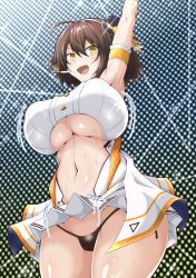 Rule 34 | 1girl, :d, ahoge, arm strap, arm up, armpits, azur lane, baltimore (azur lane), baltimore (muse) (azur lane), bare shoulders, black panties, bouncing breasts, bow, braid, breasts, brown hair, cameltoe, center frills, center opening, clothes lift, clothing cutout, commentary request, covered erect nipples, cowboy shot, crop top, french braid, frills, from below, groin, hair between eyes, hairband, hat, headset, highres, idol, kumanosita, large breasts, looking at viewer, mini hat, motion lines, navel, navel cutout, official alternate costume, open mouth, orange bow, panties, shirt, short hair, sidelocks, skirt, skirt lift, sleeveless, sleeveless shirt, smile, solo, stage, stage lights, standing, sweat, underboob, underboob cutout, underwear, white hairband, white shirt, white skirt, yellow eyes
