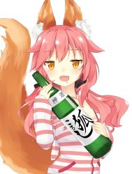 Rule 34 | 10s, 1girl, akino (1i1i1i1i), alcohol, animal ears, bare shoulders, blush, bra, breasts, fate/extra, fate (series), fox ears, fox tail, hair ribbon, highres, long hair, looking at viewer, medium breasts, official alternate costume, open mouth, pink bra, pink hair, ribbon, sake, saliva, simple background, solo, tail, tamamo no mae (fate/extra), tamamo no mae (spring casual) (fate), twintails, underwear, white background, yellow eyes