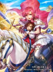 Rule 34 | 2girls, altena (fire emblem), animal, armor, armored boots, barding, boots, brown eyes, brown hair, cape, child, company name, copyright name, day, dress, ethlyn (fire emblem), fire emblem, fire emblem: genealogy of the holy war, fire emblem cipher, fire emblem heroes, gloves, hairband, holding, holding sword, holding weapon, horse, horseback riding, long hair, looking at viewer, mother and daughter, multiple girls, nintendo, official art, open mouth, outdoors, pantyhose, pink eyes, pink hair, riding, short dress, shoulder armor, sidelocks, skirt, sword, thighhighs, uroko (mnr), weapon, white gloves, white skirt, zettai ryouiki