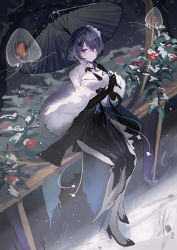 Rule 34 | 1girl, :&lt;, absurdres, arknights, asymmetrical hair, black dress, black footwear, black gloves, blush, closed mouth, commentary, dress, elbow gloves, eyebrows hidden by hair, eyepatch, feather boa, flower, full body, gloves, grass, hair ornament, hairband, high heels, highres, holding, holding umbrella, jellyfish, leaf, long hair, looking at viewer, natsuba002, official alternate costume, one eye covered, parasol, purple eyes, purple hair, red flower, sitting, snow, snowing, solo, two-tone dress, umbrella, whisperain (arknights), whisperain (tremble cold) (arknights), white dress, white hairband, x hair ornament
