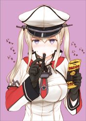 Rule 34 | 1girl, absurdres, black gloves, blonde hair, breasts, capelet, gloves, graf zeppelin (kancolle), haribo, hat, highres, kantai collection, kutouten, large breasts, licorice (food), military, military hat, military uniform, purple eyes, sidelocks, solo, sweat, twintails, uniform, upper body