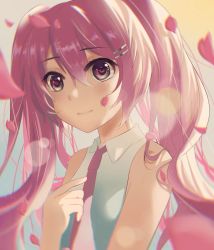 Rule 34 | 1girl, absurdres, bare shoulders, blurry, blurry foreground, commentary, falling petals, hair between eyes, hair ornament, hairclip, hatsune miku, highres, hiototo39, lens flare, long hair, looking at viewer, necktie, petals, pink eyes, pink hair, pink necktie, sakura miku, shirt, sleeveless, sleeveless shirt, smile, solo, twintails, upper body, very long hair, vocaloid, white shirt