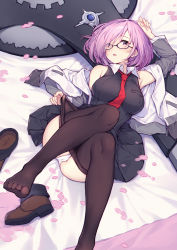 Rule 34 | 1girl, absurdres, ankle boots, arm up, armpits, bare shoulders, bed sheet, between breasts, black-framed eyewear, black dress, black pantyhose, blush, boots, unworn boots, breasts, brown footwear, clothes pull, collared dress, commentary request, dress, fate/grand order, fate (series), feet, unworn footwear, glasses, highres, jacket, large breasts, legs up, long sleeves, looking at viewer, lying, mash kyrielight, necktie, necktie between breasts, off shoulder, on back, on bed, open clothes, open jacket, open mouth, panties, pantyhose, pantyhose pull, petals, purple eyes, purple hair, red necktie, shield, shoes, unworn shoes, short hair, solo, timeo, track jacket, underwear, unzipped, upskirt, white jacket, white panties, zipper pull tab