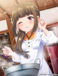 Rule 34 | 10s, 1girl, alternate hairstyle, apron, battle girl high school, blush, brown hair, chef, eyebrows, fujimiya sakura, japanese clothes, kappougi, kitchen, long hair, official art, one eye closed, open mouth, pot, solo, sweatdrop, thick eyebrows