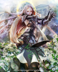 Rule 34 | 1girl, armor, black gloves, flower, gloves, greaves, halo, long hair, looking at viewer, original, solo, sword, trinity souls, vambraces, weapon, yooani