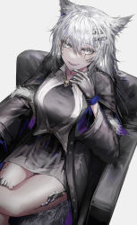 Rule 34 | 1girl, absurdres, akqne, animal ears, arknights, armchair, black jacket, black shirt, blouse, chair, feet out of frame, grey eyes, grey hair, hair between eyes, hair ornament, hairclip, hand up, highres, jacket, lappland (arknights), lappland (refined horrormare) (arknights), long hair, long sleeves, looking at viewer, material growth, official alternate costume, open clothes, open jacket, oripathy lesion (arknights), parted lips, scar, scar across eye, sharp teeth, shirt, simple background, skull ornament, solo, tail, teeth, white background, wolf ears, wolf girl, wolf tail