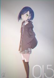 Rule 34 | 1girl, alternate costume, artist name, backpack, bag, black bag, black hoodie, black socks, blue hair, blurry, bob cut, breasts, brown footwear, character name, chromatic aberration, closed mouth, collared shirt, commentary, darling in the franxx, depth of field, diagonal-striped clothes, diagonal-striped necktie, dokkoisho pxv, dress shirt, expressionless, foreshortening, from side, gradient background, green eyes, grey background, grey skirt, hair over one eye, hands in pockets, highres, hood, hood down, hoodie, ichigo (darling in the franxx), inverted bob, kneehighs, light blush, loafers, looking at viewer, looking to the side, loose hair strand, necktie, open clothes, open hoodie, plaid, plaid skirt, pleated skirt, purple necktie, school uniform, shirt, shoes, short hair, signature, skirt, small breasts, socks, solo, standing, striped clothes, swept bangs, thighhighs, white shirt, zettai ryouiki