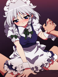 Rule 34 | 1girl, assertive female, bad id, bad pixiv id, blue eyes, blush, braid, clothed sex, cowgirl position, girl on top, happy sex, hetero, highres, holding hands, interlocked fingers, izayoi sakuya, looking at viewer, maid, maid headdress, pov, sex, short hair, silver hair, solo focus, straddling, tonbi, touhou, twin braids