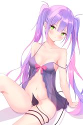 Rule 34 | 1girl, arm support, babydoll, bare shoulders, blush, bottomless, bow, breasts, demon tail, ear piercing, green eyes, heart, heart tattoo, highres, hololive, knee up, leg tattoo, long hair, looking at viewer, medium breasts, navel, navel piercing, parted bangs, piercing, pointy ears, purple hair, red bow, see-through, sitting, solo, strap slip, tail, tail censor, tail ornament, tail piercing, tattoo, tokoyami towa, twintails, very long hair, virtual youtuber, yunominomi