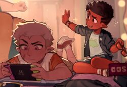 Rule 34 | 1girl, 2boys, artist name, black hair, blonde hair, child, commentary, couch, dabi bill, dark-skinned male, dark skin, english commentary, faceless, faceless female, game console, green nails, gus porter, highres, hunter (the owl house), male focus, multiple boys, on couch, pointy ears, red eyes, red footwear, short hair, short sleeves, shorts, sitting, solo focus, sunglasses, the owl house, twintails, watch, willow park, wristwatch