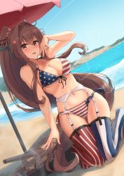 Rule 34 | 1girl, alternate costume, american flag bikini, american flag print, bare arms, bare shoulders, beach, beach umbrella, bikini, blush, breasts, brown eyes, brown hair, cherry blossoms, commentary, commission, day, flag print, flower, front-tie bikini top, front-tie top, garter belt, gluteal fold, groin, hair flower, hair intakes, hair ornament, headgear, highres, k jie, kantai collection, kneeling, large breasts, long hair, looking at viewer, navel, ocean, open mouth, outdoors, parasol, pixiv commission, ponytail, print bikini, red umbrella, side-tie bikini bottom, smile, solo, striped, swimsuit, symbol-only commentary, thighhighs, turret, umbrella, very long hair, water, yamato (kancolle)