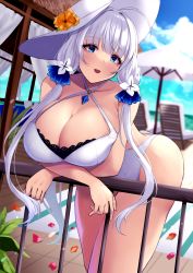 Rule 34 | 1girl, alternate costume, azur lane, bare shoulders, blue eyes, blue sky, blush, breasts, cleavage, cloud, day, flower, hat, highres, huge breasts, illustrious (azur lane), jewelry, large breasts, long hair, looking at viewer, mole, mole under eye, ocean, one-piece swimsuit, open mouth, outdoors, seaside, sky, smile, solo, sun hat, swimsuit, thighhighs, water, wee (weeyy), white hair, white hat, white one-piece swimsuit