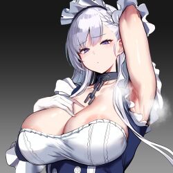 Rule 34 | 1girl, areola slip, arm up, armpits, azur lane, belfast (azur lane), breasts, broken, broken chain, chain, choker, cleavage, erufura, hair between eyes, hand on own chest, highres, huge breasts, maid, maid headdress, purple eyes, steam, tagme, white hair