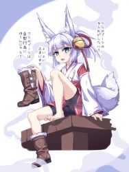 Rule 34 | 1girl, animal ears, barefoot, bike shorts, blue eyes, boots, feet, highres, japanese clothes, kyuutou (kyuutouryuu), long hair, looking at viewer, miko, open mouth, original, ponytail, shoes, soles, steam, tail, toes, translated, unworn boots, unworn shoes, white hair