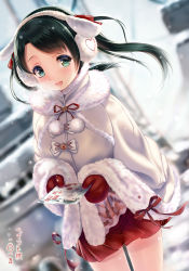 Rule 34 | 10s, 1girl, :d, animal ears, breath, capelet, coat, cowboy shot, earmuffs, fake animal ears, gloves, green eyes, green hair, hairband, hakama, hakama short skirt, hakama skirt, heart, heart print, highres, holding, japanese clothes, kantai collection, looking at viewer, mikuma (kancolle), mittens, open mouth, paint musume, pleated skirt, postcard, red gloves, red mittens, red skirt, skirt, smile, snowing, twintails, winter clothes, winter coat