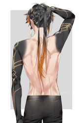Rule 34 | 1boy, arm up, back tattoo, black hair, black pants, brown hair, commentary request, earrings, from behind, genshin impact, gradient hair, hair between eyes, hand in own hair, highres, hiiro (coinxtossxdive), jewelry, long hair, male focus, multicolored hair, pants, simple background, single earring, solo, tassel, tassel earrings, tattoo, topless male, twitter username, two-tone background, zhongli (genshin impact)