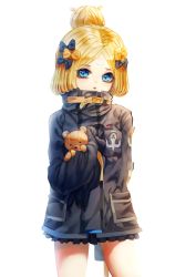 Rule 34 | 1girl, abigail williams (fate), abigail williams (traveling outfit) (fate), bad id, bad pixiv id, black bow, black jacket, blonde hair, blue eyes, bow, commentary request, cowboy shot, crossed bandaids, fate/grand order, fate (series), hair bow, hair bun, head tilt, heroic spirit traveling outfit, highres, jacket, long hair, long sleeves, looking at viewer, hugging object, official alternate costume, orange bow, parted bangs, parted lips, poharo, simple background, single hair bun, sleeves past fingers, sleeves past wrists, solo, standing, stuffed animal, stuffed toy, teddy bear, teeth, transparent background, upper teeth only, white background