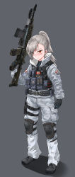 Rule 34 | 1girl, absurdres, belt, buck (rainbow six siege), camouflage, canadian flag, closers, cosplay, crossover, digital camouflage, eyes visible through hair, frost (rainbow six siege), full body, gloves, grey background, gun, hair over one eye, highres, jacket, knee pads, load bearing vest, military operator, pants, ponytail, pouch, rainbow six siege, red eyes, silver hair, simple background, solo, ssamjang (misosan), tactical clothes, tina (closers), trigger discipline, weapon, weapon request