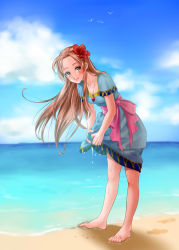 Rule 34 | 1girl, barefoot, beach, bent over, bird, bow, brown eyes, brown hair, cloud, collarbone, day, dress, dripping, flower, footprints, hair flower, hair ornament, highres, horizon, jewelry, leaning forward, lips, marin (zelda), necklace, nintendo, ocean, outdoors, pendant, sand, sky, smile, solo, the legend of zelda, the legend of zelda: link&#039;s awakening, wasabi (legemd), water, wet, wet clothes, wringing clothes, wringing dress