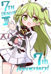 Rule 34 | 1girl, 7th dragon (series), 7th dragon iii, :d, ahoge, anniversary, bike shorts, black bow, black shorts, bow, commentary request, confetti, copyright name, eyebrows hidden by hair, frilled jacket, frills, green eyes, green hair, hair between eyes, hair bow, highres, jacket, long hair, long sleeves, looking at viewer, mio (7th dragon), multicolored hair, naga u, nagamimi (7th dragon), hugging object, open mouth, puffy long sleeves, puffy sleeves, short eyebrows, short shorts, shorts, simple background, smile, solo, stuffed animal, stuffed rabbit, stuffed toy, thick eyebrows, two-tone hair, very long hair, white background, white jacket