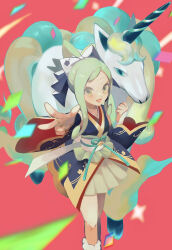 Rule 34 | 1girl, :d, alternate color, bow, commentary request, confetti, creatures (company), detached sleeves, galarian form, galarian rapidash, game freak, gen 8 pokemon, green hair, hair bow, highres, japanese clothes, jewelry, kimono, lisia (new year&#039;s 2023) (pokemon), lisia (pokemon), nintendo, official alternate costume, open mouth, outstretched arm, pink background, pleated skirt, pokemon, pokemon (creature), pokemon masters ex, ring, sash, shiny pokemon, sidelocks, skirt, smile, valen1637, white bow, white sash