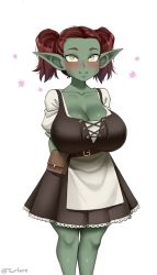 Rule 34 | apron, blush, breasts, cleavage, colored skin, fangs, female goblin, forehead, freckles, goblin, green skin, highres, large breasts, legs, original, pointy ears, red hair, shortstack, skirt, smile, solo focus, twintails, twrlare, yellow eyes