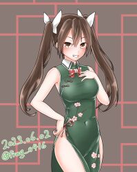 Rule 34 | 1girl, adapted costume, alternate costume, bow, bowtie, breasts, brown hair, china dress, chinese clothes, covered navel, dated, dress, floral print, furaggu (frag 0416), green dress, grey background, hair between eyes, hair ribbon, highres, kantai collection, long hair, medium breasts, red bow, red bowtie, ribbon, side slit, solo, tone (kancolle), twintails, twitter username