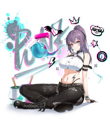 Rule 34 | 1girl, aeri (closers), aqua eyes, arm belt, arm support, bare shoulders, belt, black choker, black footwear, black gloves, black pants, boots, breasts, buttons, chain, chest harness, choker, closers, crop top, cross-laced footwear, earrings, fingerless gloves, glint, gloves, grin, hair ornament, hairclip, harness, highleg, highres, indian style, jewelry, knee boots, large breasts, leg belt, lightning bolt symbol, long hair, looking at viewer, midriff, mole, mole under mouth, navel, non-web source, official art, pants, panty straps, ponytail, purple hair, ribbed shirt, shirt, sitting, skindentation, sleeveless, sleeveless shirt, smile, solo, stomach, studded belt, studded bracelet, tattoo, torn clothes, torn pants, white shirt
