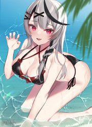 Rule 34 | 1girl, :d, all fours, ass, bikini, black bikini, braid, breasts, claw pose, cleavage, fang, foot out of frame, grey hair, hair ornament, hand up, heart, heart hair ornament, highres, hololive, large breasts, layered bikini, long hair, looking at viewer, open mouth, red bikini, red eyes, sakamata chloe, side-tie bikini bottom, smile, solo, swimsuit, thighs, virtual youtuber, water, wet, you06