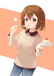 Rule 34 | 1girl, absurdres, blue pants, brown eyes, brown hair, brown shirt, cake, casual, character name, commentary request, cowboy shot, food, fork, fruit, hair between eyes, hair ornament, hairclip, happy birthday, heart, highres, hirasawa yui, holding, holding fork, holding plate, k-on!, kisasage, long sleeves, looking to the side, open mouth, pants, plate, shadow, shirt, short hair, solo, standing, strawberry, strawberry shortcake