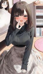 Rule 34 | 2girls, :d, bed, black sweater, blush, breasts, brown eyes, brown hair, cold pack, commentary request, grey skirt, hand up, highres, indoors, large breasts, long hair, long sleeves, multiple girls, on floor, open mouth, original, pentagon (railgun ky1206), ribbed sweater, siblings, sisters, skirt, sleeves past wrists, smile, solo focus, stuffed animal, stuffed toy, sweat, sweater, teddy bear, turtleneck, turtleneck sweater, under covers, v-shaped eyes, white sweater, wooden floor