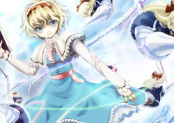 Rule 34 | 1girl, alice margatroid, blonde hair, blue eyes, book, capelet, doll, hair ribbon, hairband, holding, holding book, long sleeves, looking at viewer, oka (umanihiki), polearm, ribbon, sash, serious, shanghai doll, spear, string, touhou, weapon