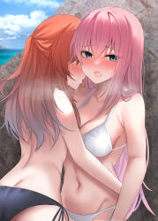 Rule 34 | 2girls, absurdres, ass, back, bare shoulders, bikini, bikini bottom only, black bikini, black ribbon, blue eyes, blush, bocchi the rock!, breasts, cleavage, cloud, commentary, cowboy shot, gotoh hitori, gradient hair, grey hair, half updo, heavy breathing, highres, kita ikuyo, long hair, looking at viewer, medium breasts, multicolored hair, multiple girls, navel, open mouth, pink hair, poisonousgas, red hair, ribbon, rock, side-tie bikini bottom, swimsuit, topless, white bikini, yuri