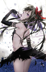 Rule 34 | 10s, 1girl, akemi homura, akuma homura, anmi, artist name, back, bare shoulders, black gloves, black hair, bow, breasts, choker, dark orb (madoka magica), detexted, dress, elbow gloves, floating hair, from behind, gloves, gradient background, hair bow, highres, long hair, looking at viewer, looking back, mahou shoujo madoka magica, mahou shoujo madoka magica: hangyaku no monogatari, official art, purple eyes, ribbon, scan, signature, small breasts, smile, solo, third-party edit, waifu2x, wings