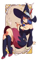Rule 34 | 1girl, artist name, bare shoulders, black choker, blue hair, boots, breasts, choker, cleavage, commentary, dress, full body, glasses, hat, hat feather, highres, knee boots, large breasts, little witch academia, long hair, long sleeves, looking at viewer, off-shoulder dress, off shoulder, paid reward available, red eyes, smile, solo, squeezable (squeezabledraws), ursula callistis, wand, wide sleeves, witch hat