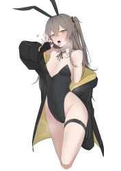 Rule 34 | 1girl, absurdres, animal ears, bare shoulders, black gloves, black jacket, black leotard, black nails, blush, breasts, brown hair, collarbone, commentary request, cropped legs, dress, fake animal ears, fellatio gesture, fingerless gloves, girls&#039; frontline, gloves, heart, heavy breathing, highleg, highleg leotard, highres, jacket, leotard, long hair, long sleeves, looking at viewer, nail polish, off shoulder, one side up, open clothes, open jacket, open mouth, partial commentary, playboy bunny, rabbit ears, re1kirisaki342, scar, scar on face, scarf, simple background, small breasts, solo, standing, strapless, strapless dress, thigh strap, tongue, tongue out, ump45 (girls&#039; frontline), very long hair, white background, white scarf, yellow eyes