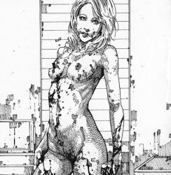 Rule 34 | 1girl, artist request, blood, breasts, monochrome, monster girl, nude, uncensored, zombie