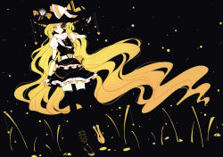 Rule 34 | 1girl, absurdres, adapted costume, black background, blonde hair, dress, female focus, hat, highres, ideolo, kirisame marisa, long hair, mask, scan, solo, thighhighs, touhou, witch, witch hat